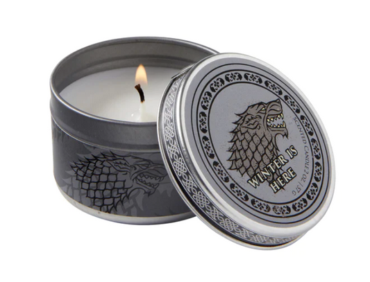 Winterfell's Warmth: The House Stark Frosted Pine Candle (2 oz. Tin)